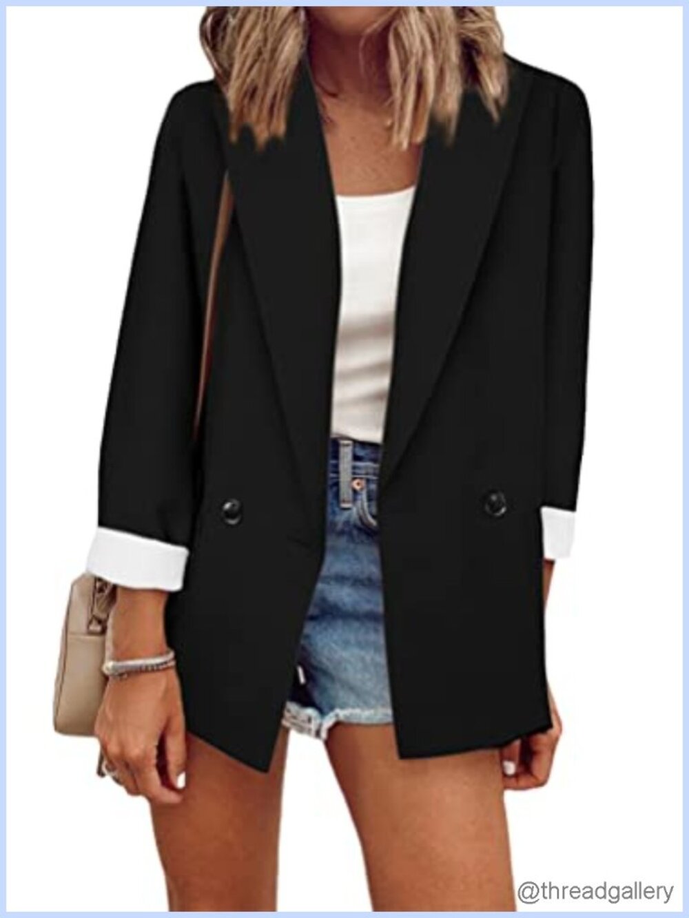 Open Front Blazer 3/4 Roll Up Sleeve Loose Fit Office Casual